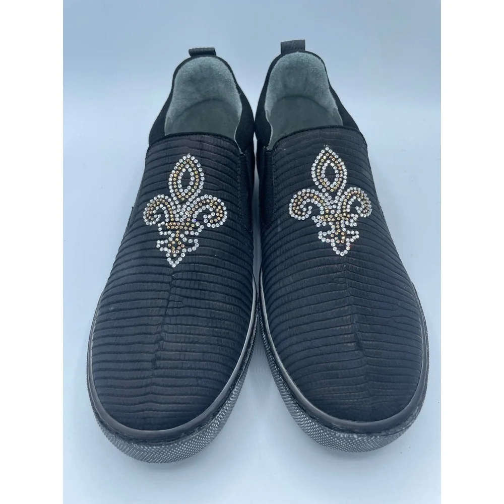 Belvedere Kane Black Genuine Lizard Swarovski Crystal Fleur De Lis Shoes Mens 8